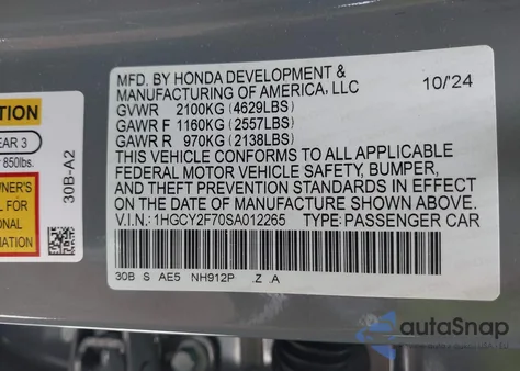 2025 Honda Accord Hybrid Sport-L from USA, damaged, VIN 1HGCY2F70SA012265